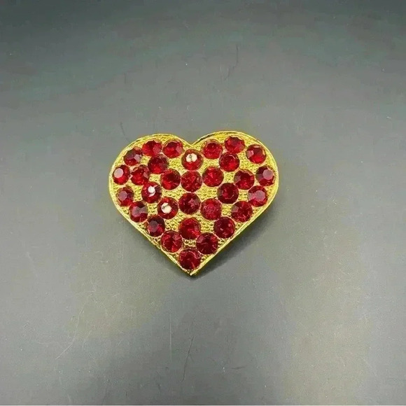 Jewelry - Vintage Red Heart Statement Pin Brooch Rhinestone Crystal Gold Tone